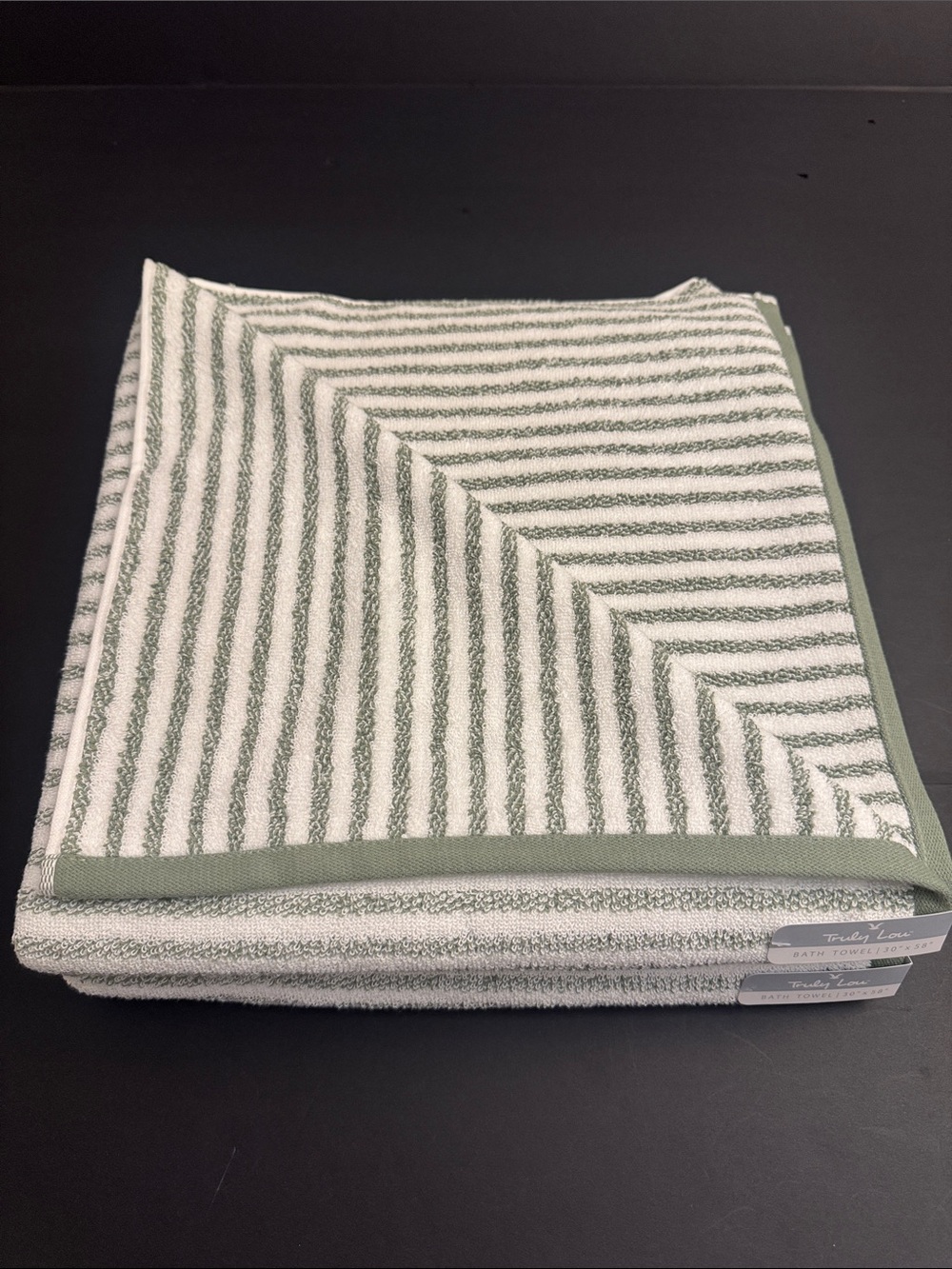 8pc TRULY LOU 100% Cotton Stripe Bath Towel Set -Soft -Absorbent - Wht/Oil Green - Picture 4 of 9